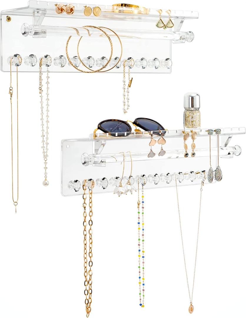 Acrylic Hanging Jewelry Organizer Wall Mounted Necklace Holder and Stud Earring Organizer with Floating Shelf and Bracelet Holder Rod for Women Girls (2 Pack)