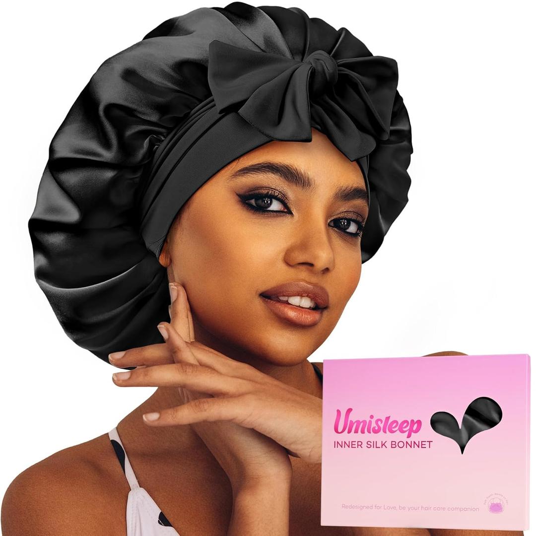 Umisleep Inner-Layer Silk Bonnet, 22 Momme 6A Real Mulberry Silk Lining, Soft Bonnet for Women Men Hair Care, Double Layer Hair Cap with Tie, Large Silk Hair Wrap for Curly Long Hair, Black