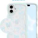 Aitipy for iPhone 16 Plus Case, Wavy Frame Cute Ribbon Bowknot Pattern Aesthetic Transparent Back Soft TPU Shockproof Phone Case for Women Girls, Blue