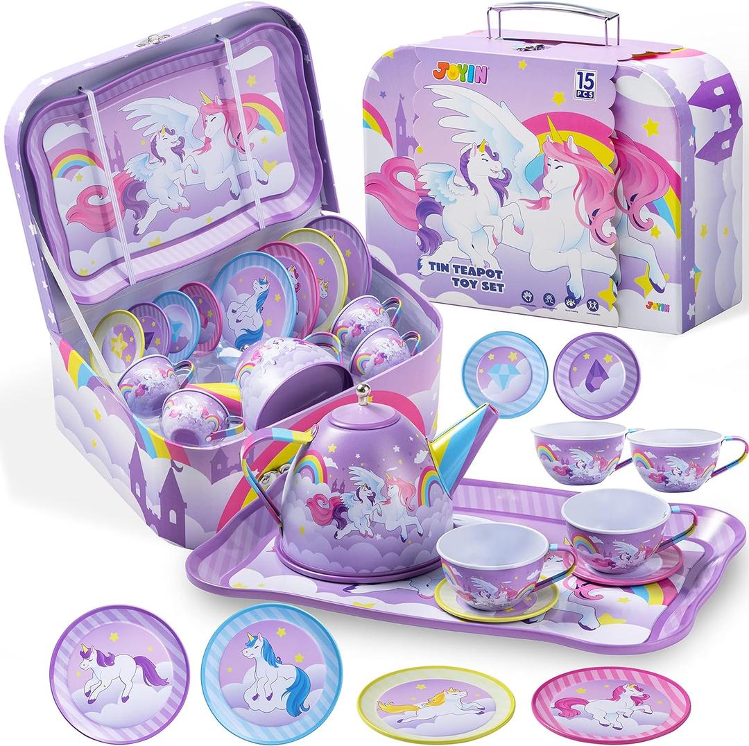 JOYIN Unicorn Tea Party Set for Little Girls, Pretend Purple Tin Teapot Set, Princess Tea Time Play Kitchen Toy with Teapot, Cup, Plate, Carrying Case for Kids Toddler Age 3+, Birthday Gifts