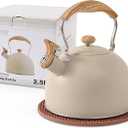 LONFFERY Tea Kettle for Stove Top, 2.5 Quart Whistling Tea Kettle, with Food Grade Stainless Steel and Wood Pattern Folding Handle, Creamy White