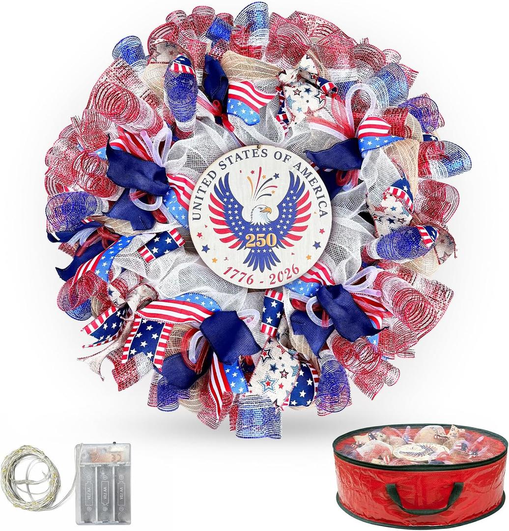 250th Anniversary Patriotic Wreaths for Front Door, 24 Inch Large 4th of July Wreath with Removable 1776-2026 Eagle Door Sign, Handcrafted Memorial Day Decorations with Light &Storage Bag