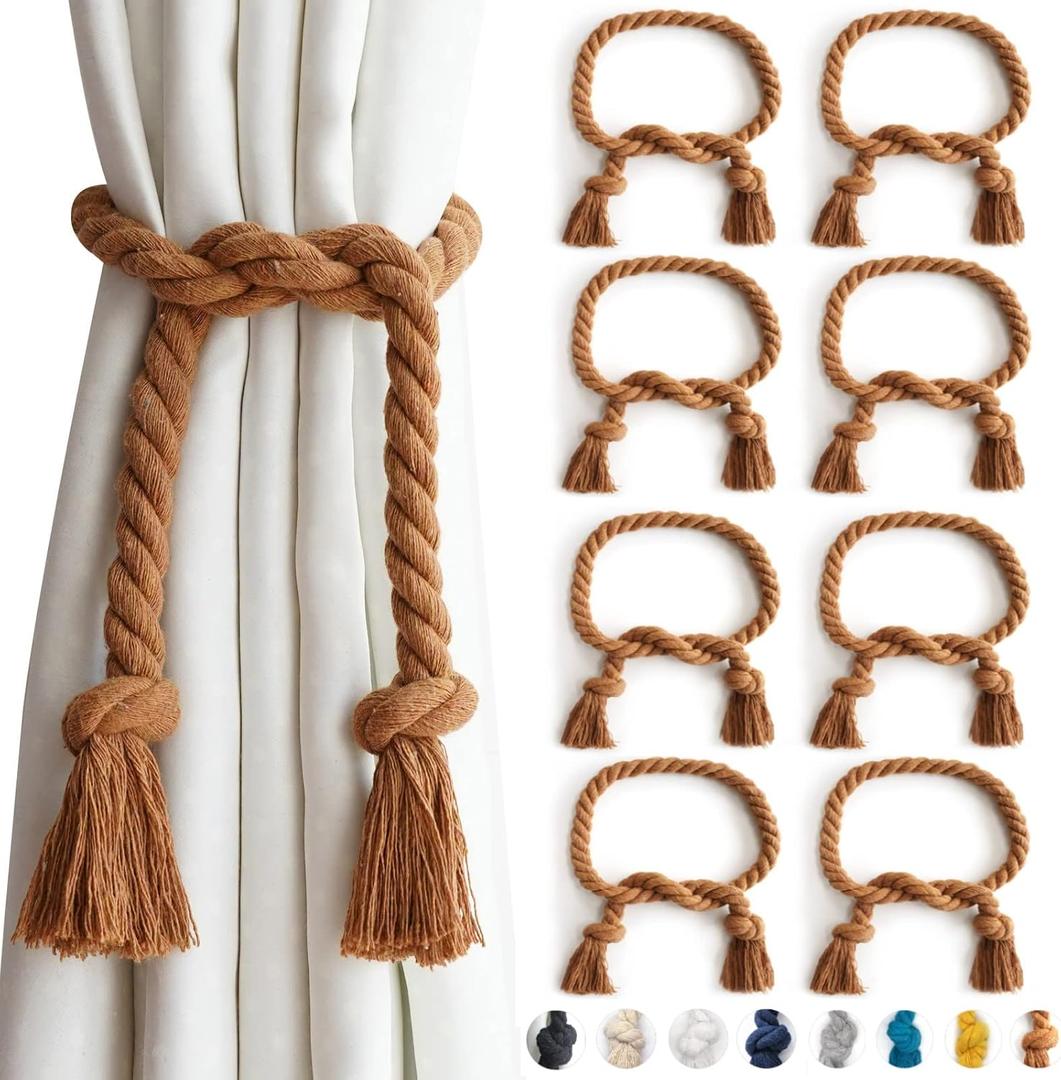 8 Pack Outdoor Curtain Tiebacks Rope, Natural Cotton Curtain Holders, Village Rural Rustic Curtain Holdbacks, Farmhouse Nautical Curtain Rope Tie Back for Drapery Patio, (Coffee)