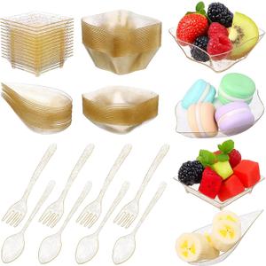 200 Pcs Mini Appetizer Plates Dessert Cups,6 Shapes with 50 Spoons 50 Forks 200 Plates Set for Party Birthday(Gold Glitter)