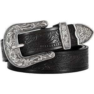 SANSTHS Western Belt For Women, Womens Cowboy Belt For Pants Jeans With Vintage Floral Carved Design, Black(floral) XS: Fit Waist Size 26"-33"