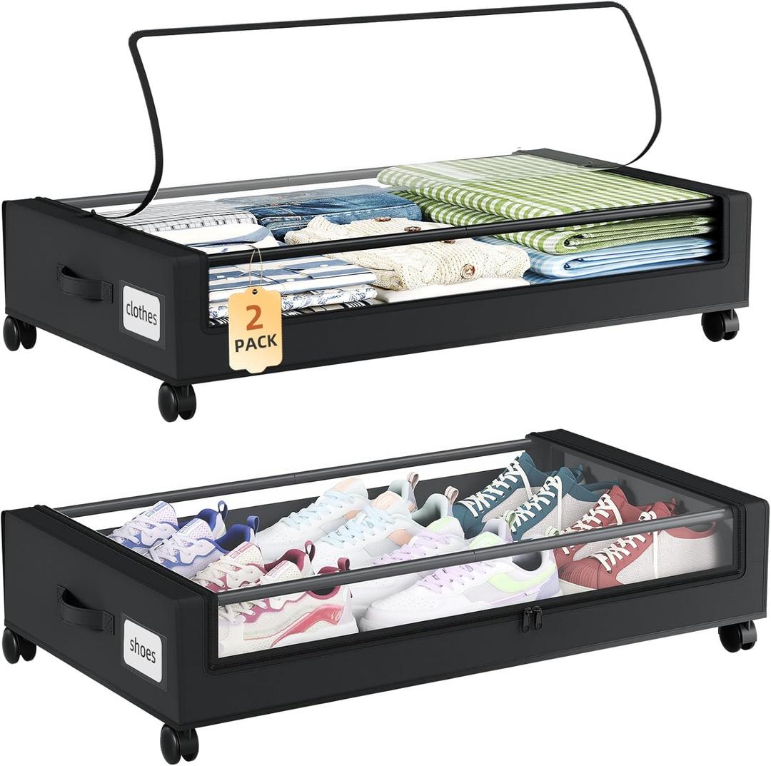 Somdot Under Bed Storage with Wheels, 2 Pack Bed Storage Containers with Dividers & Clear Lids, Easy Pull-out Metal Drawer for Clothes, Shoes,Toys, Blankets (Black)