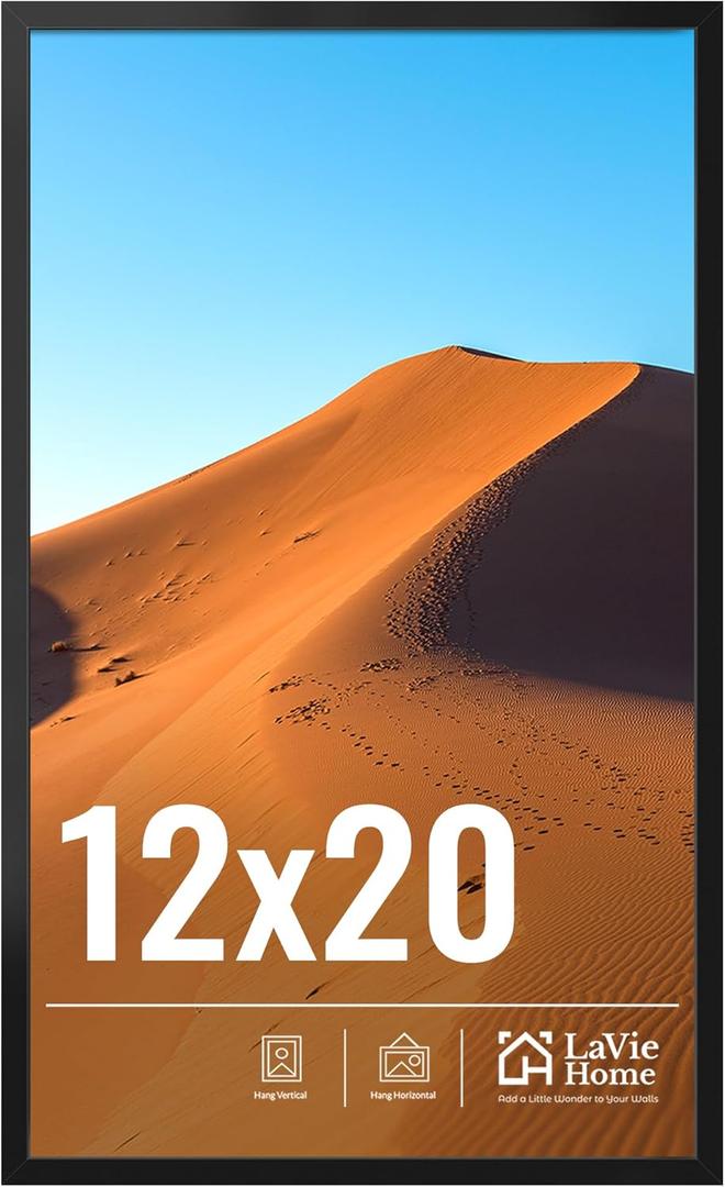 LaVie Home 12x20 Picture Frame for Wall Display, 12x20 Black Picture Frame with HD Plexiglas, 12 x 20 Poster Frame 1 Pack, Display Frame for Vertical or Horizontal, Classic Collection