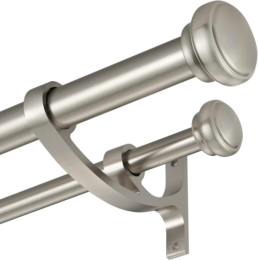 Modern Double Curtain Rods, Matte Nickel Curtain Rod 72-144 Inch Length Drapery Rods with Simple Decorative End Caps 1 Inch Front and 5/8 Inch Diameter Back Dual Curtain Rod Telescoping Window Rods