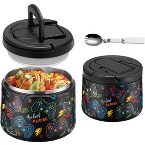 14oz Insulated Vacuum Food Jar with Buckle Lid,Soup Thermo for Hot Food Kids,Wide Mouth Leakproof Stainless Steel Lunch Container with Spoon-Black Game