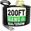 POWGRN 200FT 16 Gauge Black Outdoor Extension Cord Waterproof, 3 Prong Flexible Cold Weatherproof -58 Extension Cord, 10 AMP 1250W SJTW, ETL Listed