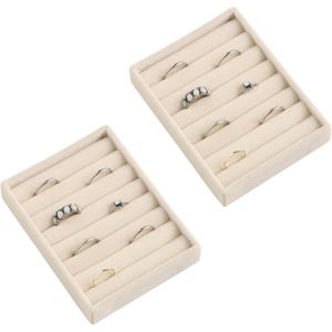 Frebeauty Small Jewelry Tray Set,Velvet Ring Organizer,Stackable Jewelry Organizer Tray,Mini Jewelry Drawer Organizer,4.92 x 3.74 x 0.9 Inches,7 Slots Ring Tray for Women(Set 2,Beige)