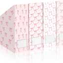 AmazingSpark Set of 4 Pink Bow Magazine File Holder Decorative Foldable Cardboard Magazine Storage Boxes with Acrylic Label Holders Coquettish Boho Organizer for Office Home Organization Storage