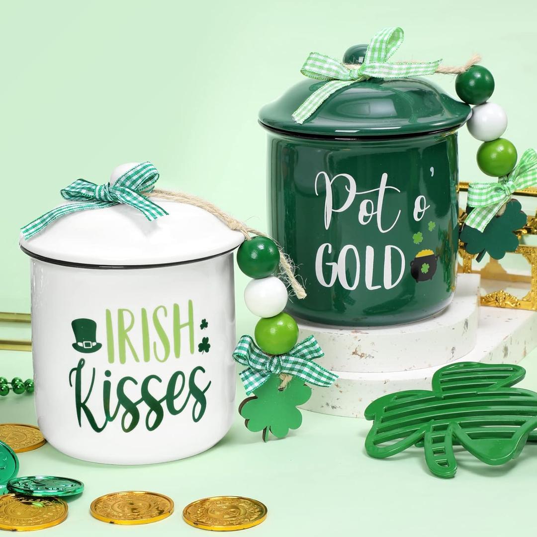 Nefelibata St. Patrick's Day Ceramic Canister Tiered Tray Decor Bowl Pot o' Gold Irish Kisses Candy Holder with Green Buffalo Plaid Bowknot Shamrock Table Centerpiece Decoration Supplies, Set of 2