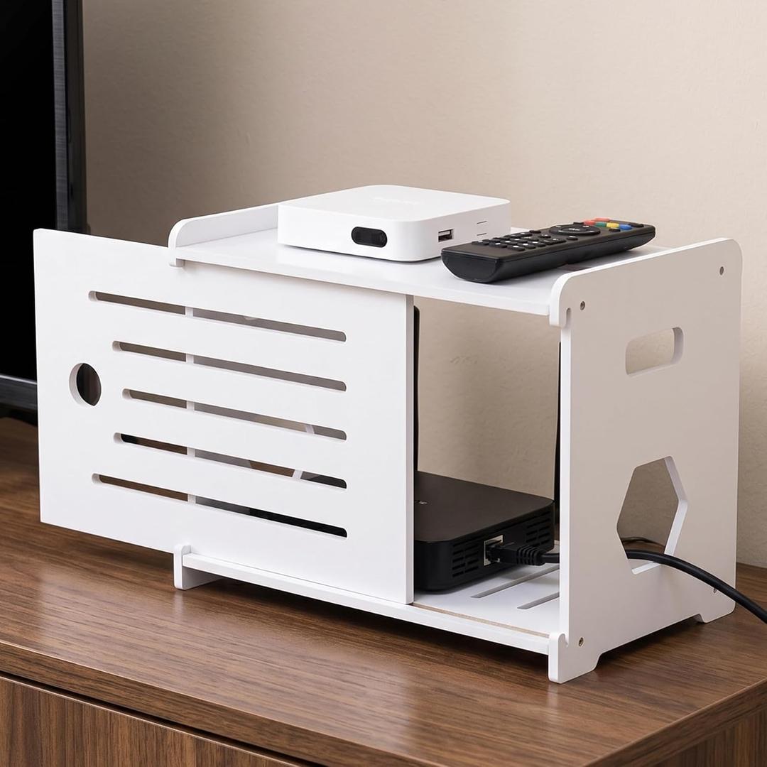 Wooden WiFi Router Storage Box, Decorative Router Hider, 17"x10.2"x12.2" Storage Organizer Shelf for Cable, Modem, Internet Router Power Strip (White)