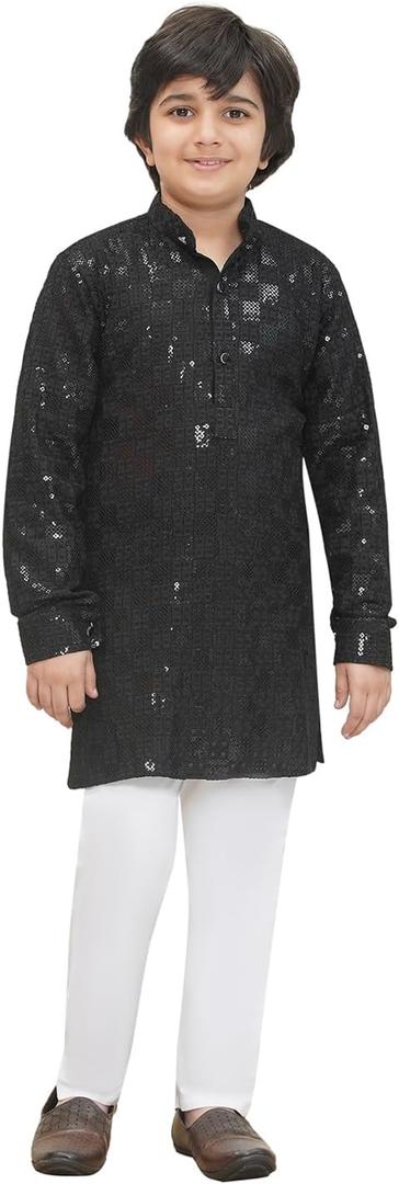 AJ DEZINES Kids Cotton Full Sleeve Sequined Chikankari Kurta Pajama Set for Boys - Indian Ethnic wear (6-7 Years, Black)