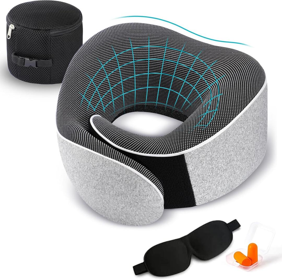 TALLGO Travel Pillow, Best Memory Foam Neck Pillow Head Support Soft Pillow for Sleeping Rest, Airplane Car & Home Use (1Grey)