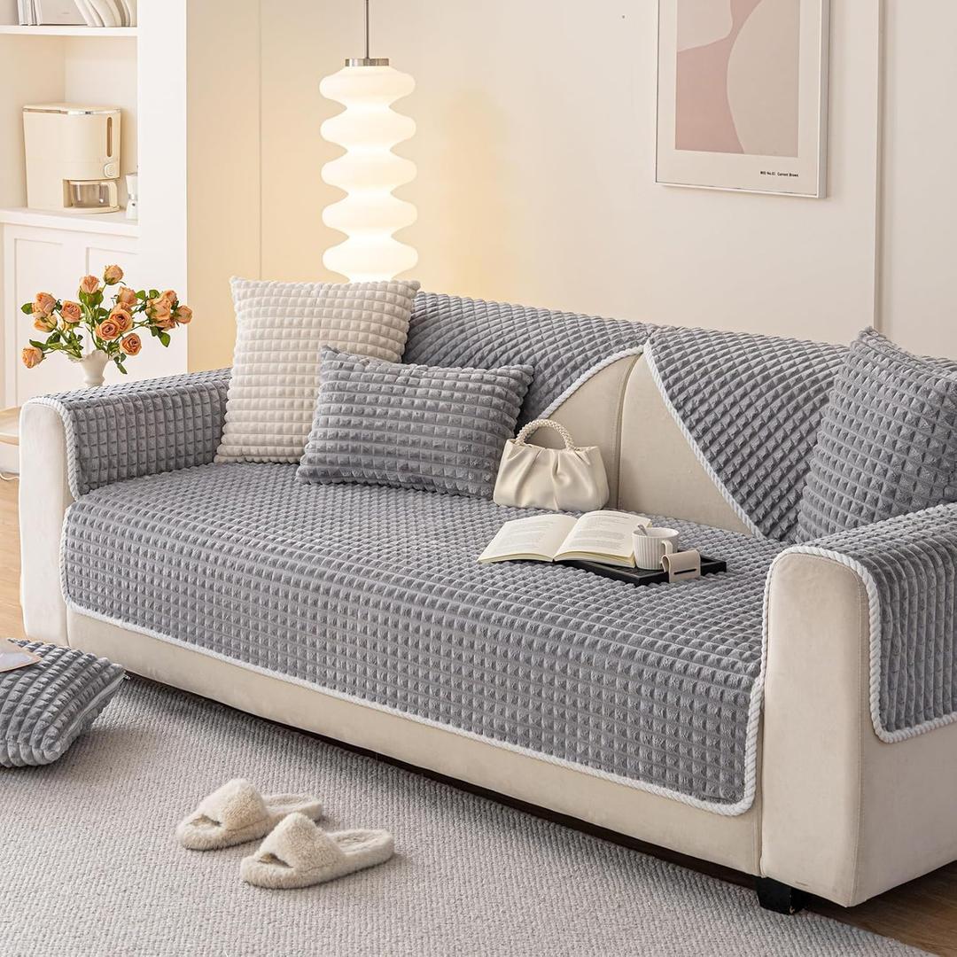 Velvet Couch Cover Sectional, Funny Fuzzy Pet Couch Covers for 2-3 Cushion Sofa, Plush Warm Sofa Covers for Pets Washable, Non-slip Couch Cover for Pets & Kids(1 PC, Light Grey, 35.4"71")
