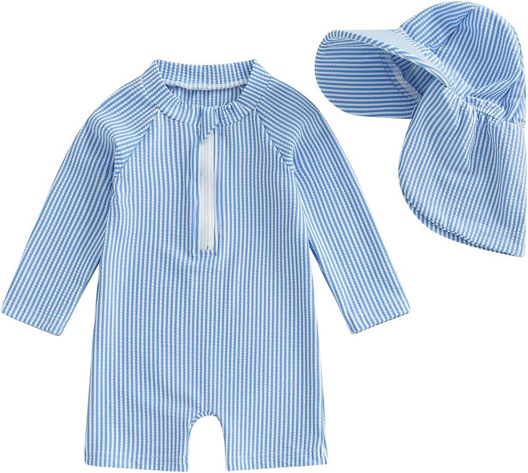 Baby Boys Girls Swimsuit One Piece Striped Zipper Bathing Suit Rash Guard Long Sleeve Seersucker Swimwear Sunsuit (0-3 Months, Blue)
