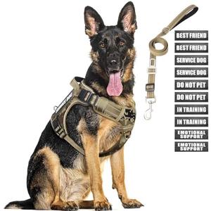 MOOGROU Tactical Dog Harness and Leash Set for Large Dogs,Heavy Duty No Pull Service Dog Vest and 10 Patches with Dog Seat Belt,Reflective Adjustable Pet Harness for Training Walking Hiking Camo XL