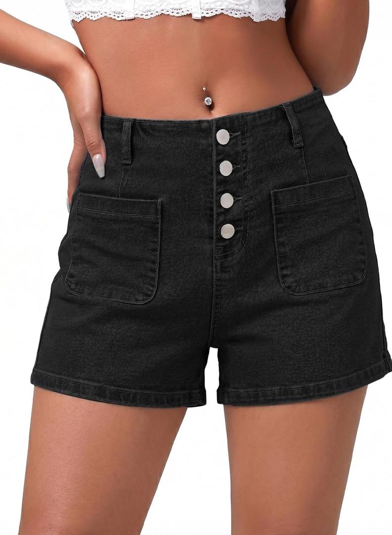 Sidefeel Women's Jean Shorts Button Fly Stretchy High Waisted Summer Outfit Denim Shorts (Black, Size 10)