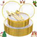 EI 150pcs Clear Plastic Plates with Gold Plastic Silverware,Disposable Plate Heavy Duty,Clear and Gold Dinnerware Set,Elegant Plates for Party,Wedding,Thanksgiving,Christmas,New Year