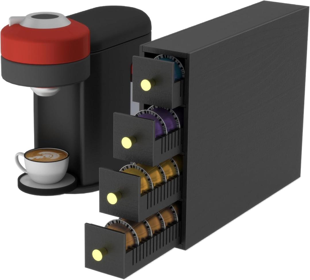 Suli Coffee Pod Holder for Nespresso Vertuo, 52 Pods Large Capacity, 4-Tier Coffee Pod Organizer for Countertop, Dual Orientation, Space Saving Coffee Capsule Storage Drawer, Black