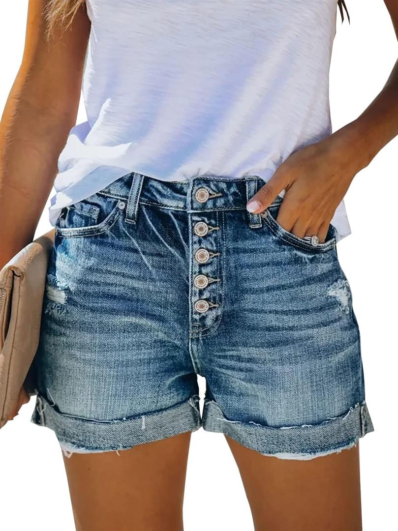 onlypuff Womens Jean Short Cut Off Denim Shorts High Waist Ripped Distressed Stretchy (Blue, M)