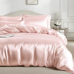 Bedsure Satin Duvet Cover Queen Size, Luxury Silk Like Crystal Pink Queen Duvet Cover Set, 3 Piece, Ultra Soft and Breathable Bedding Set with Zipper Closure and 2 Pillow Shams, Size 90inch x 90inch