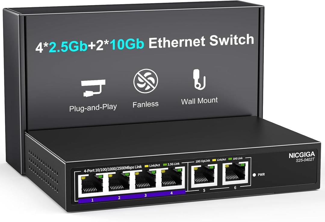 10Gbe Ethernet Switch Unmanaged with 2 x 10Gb RJ45 Ports  4 x 2.5Gb Base-T Ports, Desktop/Wall Mount NICGIGA 6 Port 10Gbps Network Switch for Wireless AP, NAS, PC