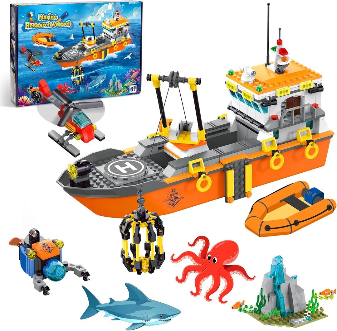 City Ocean Explorer Ship Building Set, Exploration Boat Set Toy Building Block with LED Lights, Helicopter, Submarine and Shark Cage, Birthday Gifts for 6 8 10 12 Years Old Boys Kids Girls
