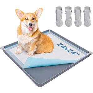 LOOBANI Dog Pee Pad Holder - Silicone Puppy Pad Holder - High Edge Dog Potty Tray with 4 Holder Clamps for Puppy Potty Training, Fits Up to 24" x 24" Training Pads, Gray