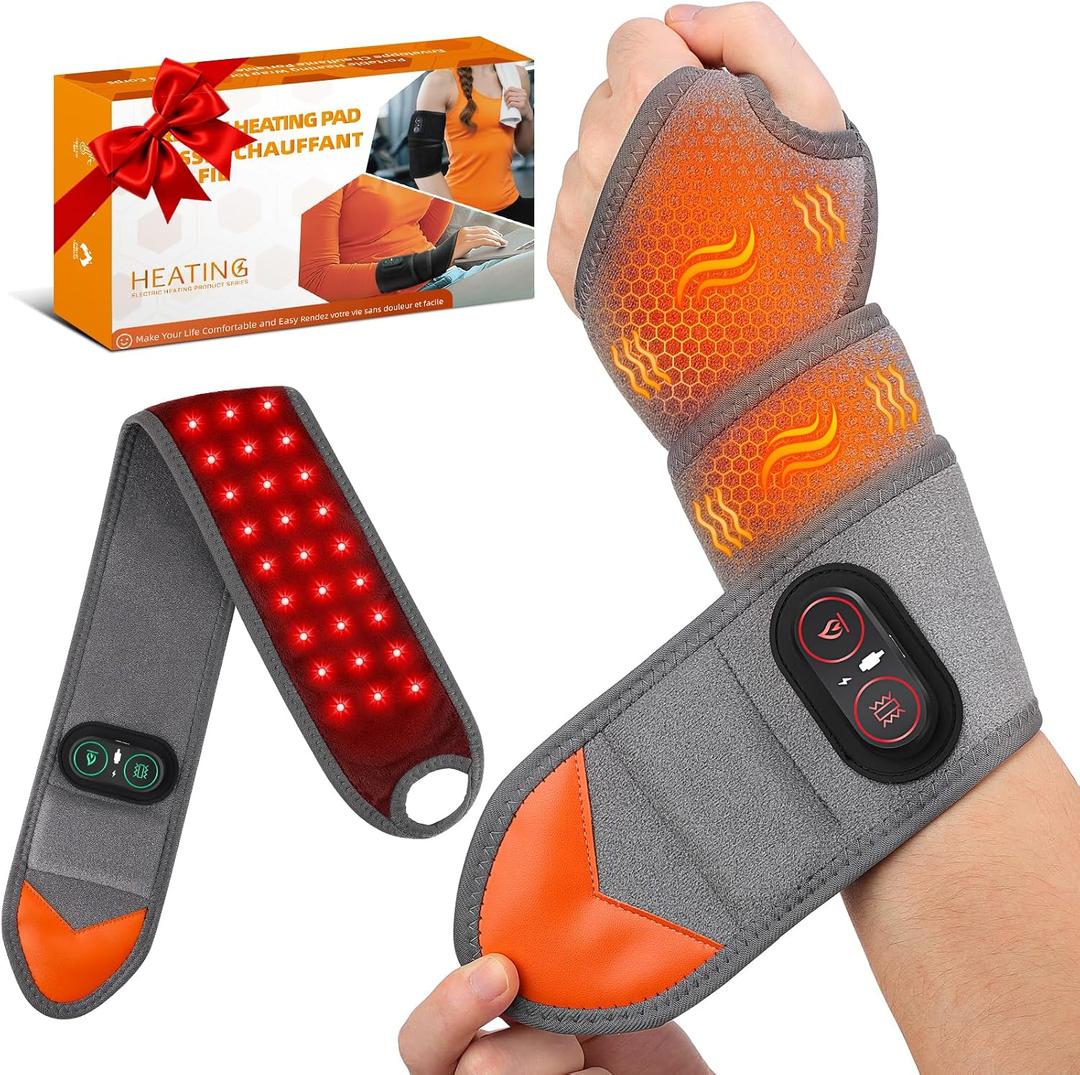 Cordless Wrist Heating Pad with Massage & Red Light, HSA Eligible FSA, Rechargeable Heated Wrist Brace Wrap for Carpal Tunnel, Arthritis, Wrist Massager for Pain Relief (Grey)