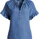 Womens Short Sleeve Ruffle Blouse V Neckline Ruffled Collar Shirt Casual Blue Top (Blue, L)
