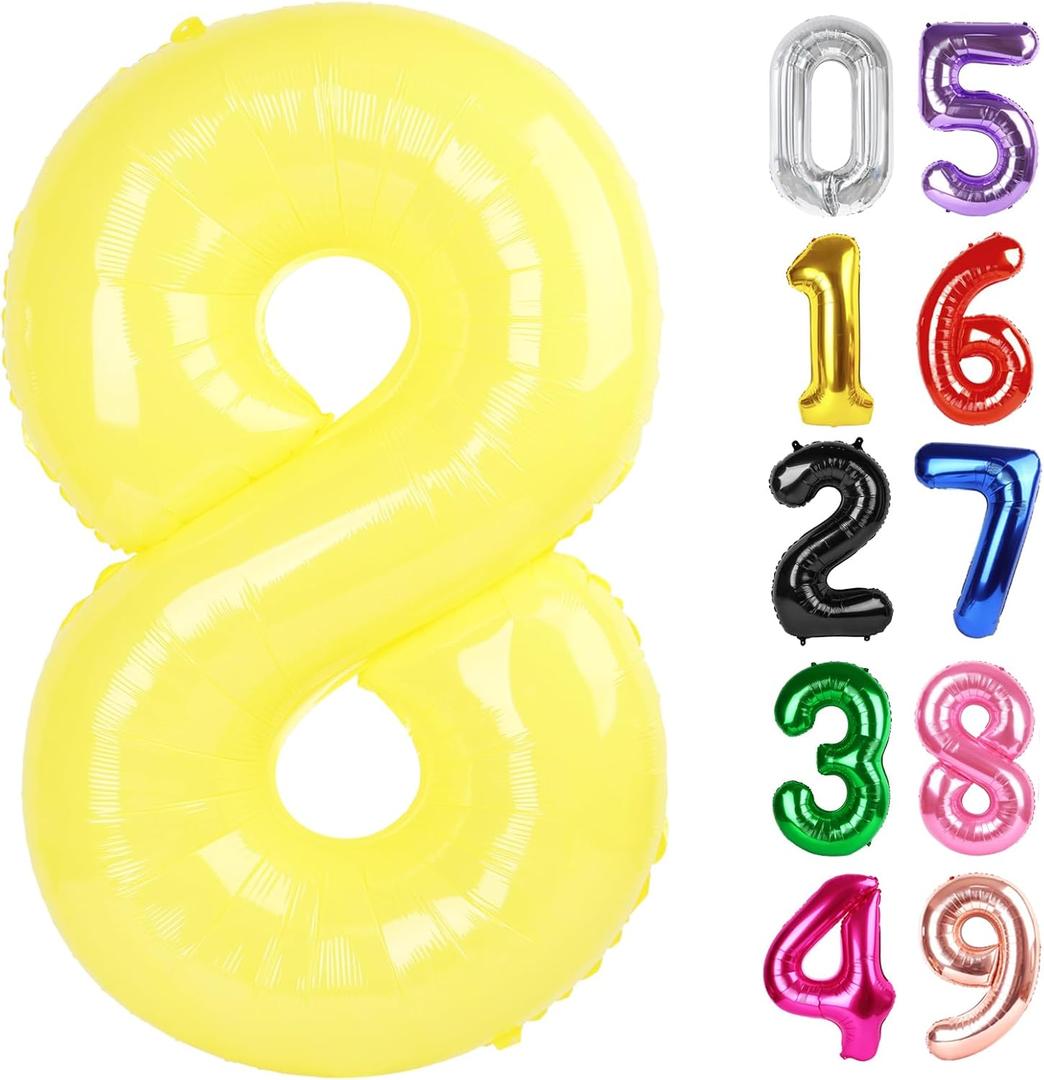 Yellow Number 8 Balloon 40 Inch, 8th Birthday Party Decorations for Children, Giant 8 Foil Balloon for Party Supplies