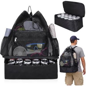 Mesh Beach Drawstring Backpack with Cooler Beach Bags Sandproof Swim Bags Leakproof with Zipper for Seaside Pool Travel