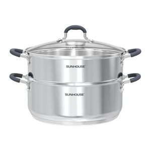 SUNHOUSE - 5.5 Quart Steamer Pots With Lid 2-Tier Multipurpose Stainless Steel Steaming Pot Cookware With Handle For Vegetable, Dumpling, Sauce, Food - Triple Bottom, Measurement Line