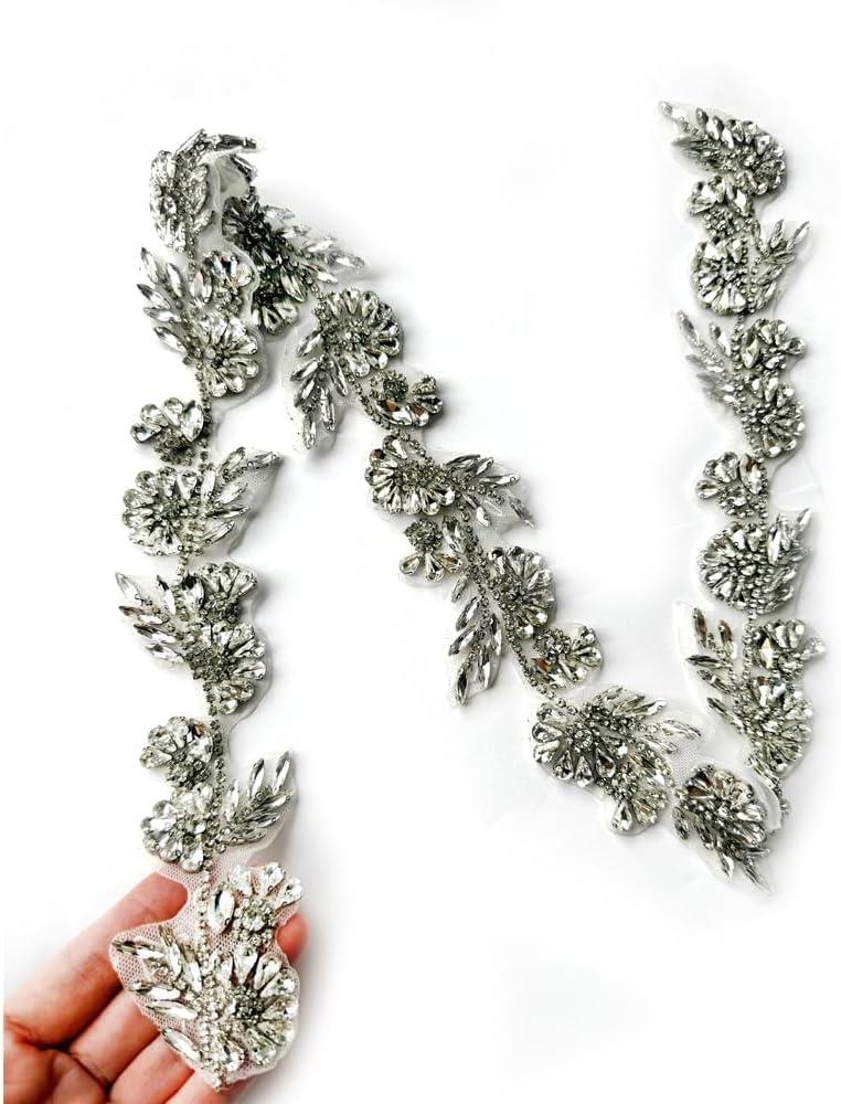 Iron on hotfix Hand-Made Beaded Trim,2 inch Wide 36 inch Lengh Rhinestones Chain,Rhinestone Trim by The Yard for Bridal Belt Hair wear Bag Shose Decoration Accessories (Silver-C)
