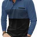 Mens Striped Golf Polo Shirts Color Block Long Sleeve Casual Shirt (S)