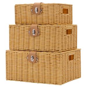 Wicker Storage Baskets with Lids, Set of 3 Decorative Storage Boxes For Organizing, Woven Baskets with Leather Lock and Handles (Beige)