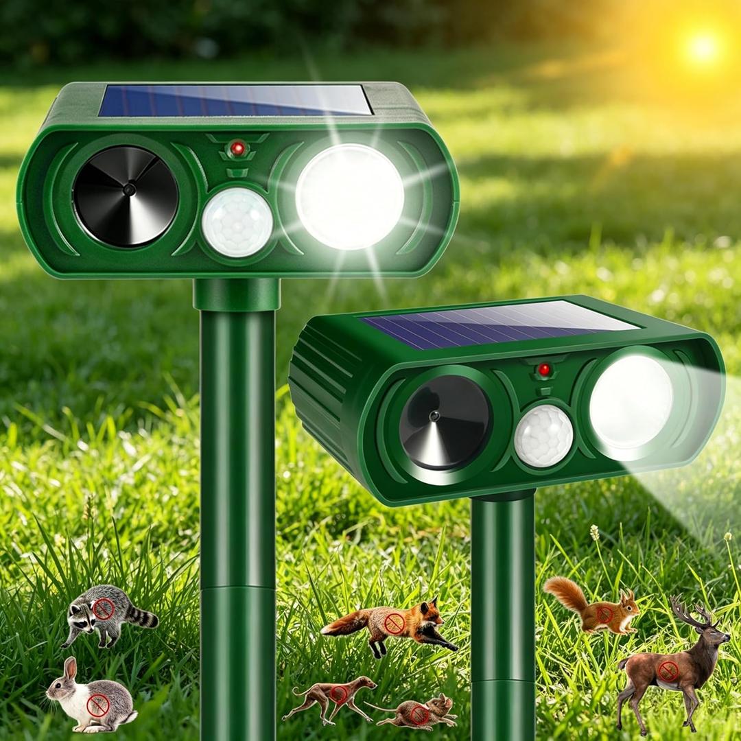 2Pack Upgraded Deer Repellent Devices Solar Animal Repellent Outdoor with Motion Sensor Strobe Light for Rabbit Cat Skunk Raccoon Squirrel Fortress Pro Ultrasonic Repeller Keep Pests Out of Yard Farm