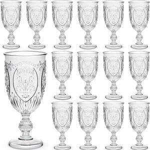 Wiwiqing 24 Pcs Plastic Goblets 7.5oz Vintage Goblet Plastic Wine Glasses Colored Retro Embossed Water Goblets for Wine Bar Juice Baby Shower Wedding Reception Grand Event Party (Clear)