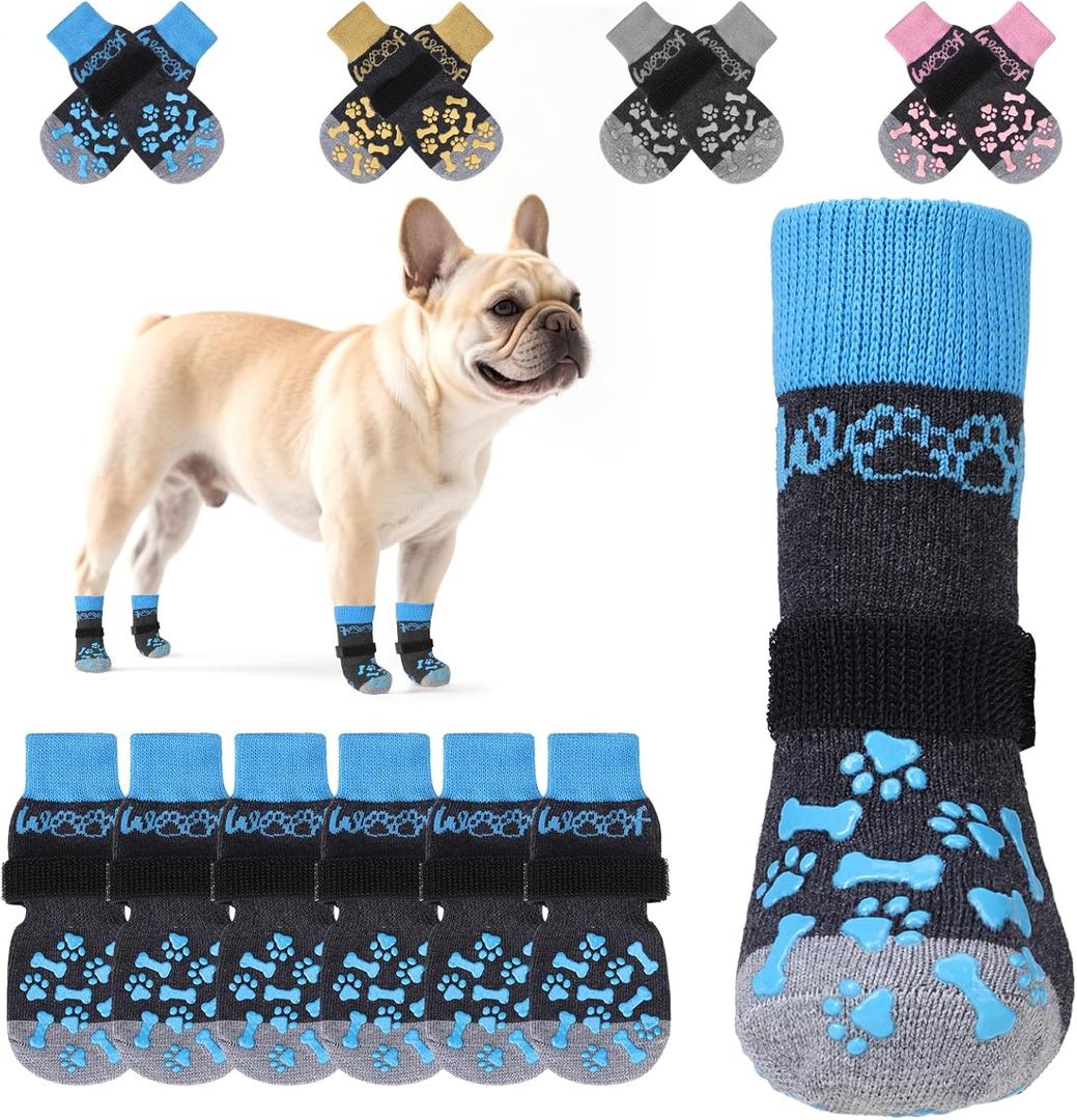 KOOLTAIL Anti Slip Dog Socks to Prevent Licking and Slipping, Winter Warm Pet Shoes Booties for Hardwood Floors, Adjustable Extra-Thick Grip Dog Boots & Paw Protectors,Small (Blue)