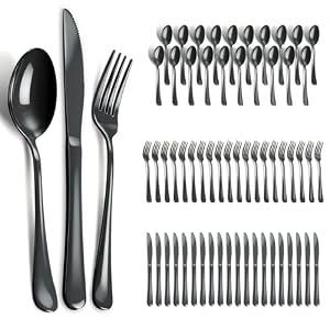 ERVILO 60 Piece Black Silverware Set - Service for 20, Stainless Steel Flatware Cutlery Set Include Knives Spoons Forks, Black Bulk Silverware for Wedding, Restaurant, Home, Dishwasher Safe