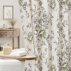 Black Floral Linen Shower Curtain, Cottagecore French Country, 72x72 | Vintage Boho, Rustic, Linen Fabric, Natural Look, Washable, Farmhouse Bathroom Curtain for Bathroom Decor, Tan Taupe