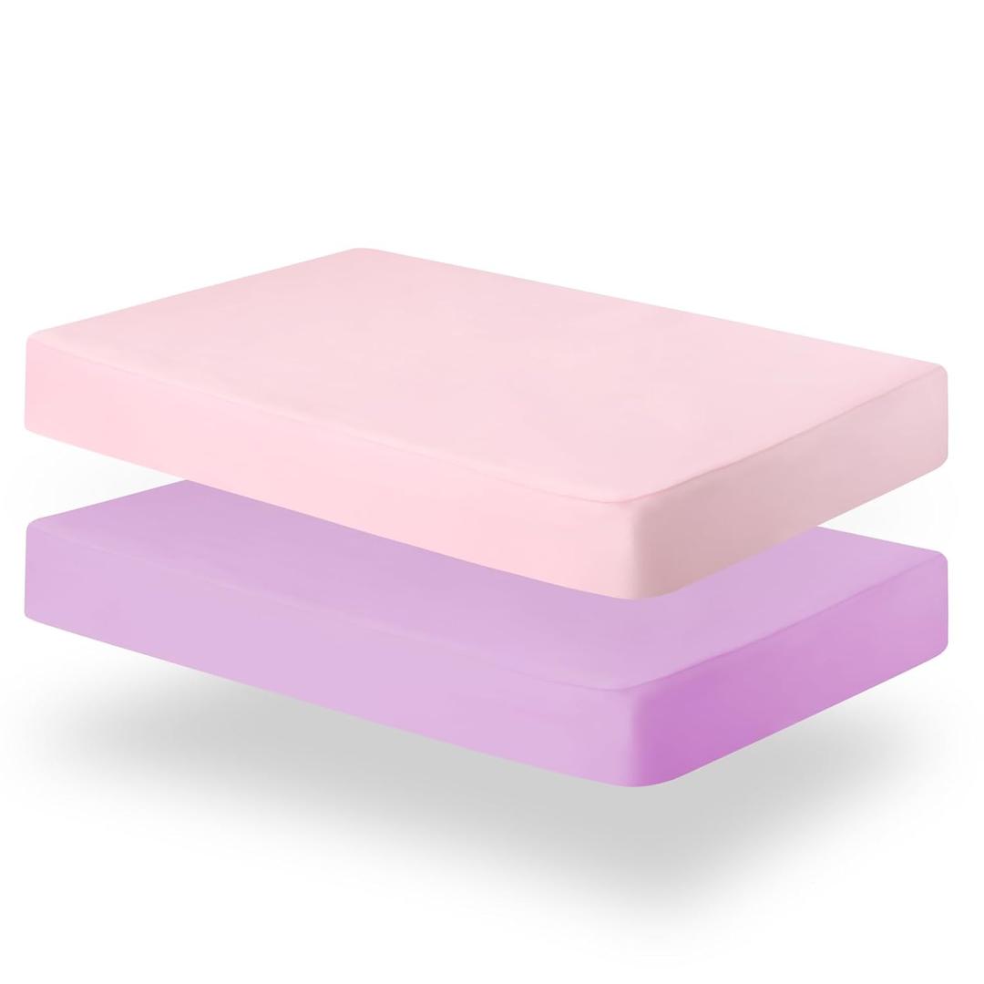 Biloban Pack and Play Sheets Fitted, 2 Pack Pack and Play Sheet Fits for Graco Pack n Play Mattress, Neutral Playard Sheets for Baby Boys and Girl, Pink & Violet, 38"L x 26"W
