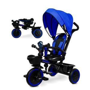 KRIDDO 7-in-1 Tricycle Stroller for Toddlers 18 Months to 5 Years, Adjustable Push Handle, Rotatable Seat, Cup Holder and Retractable Canopy, Folding Baby Trike w/Detachable Guardrail, Footrest, BU (Blue)