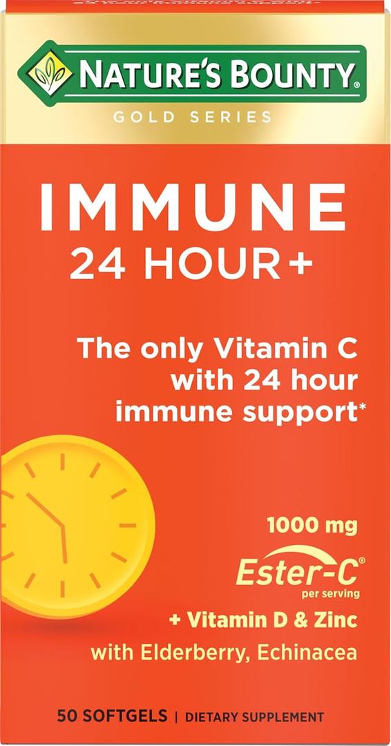 Nature's Bounty Immune 24 Hour +, The only Vitamin C with 24 Hour Immune Support from Ester-C, 1000 mg Vitamin C, D & Zinc, Gluten Free, Rapid Release Softgels, 2 Softgels per Day, 50 Count
