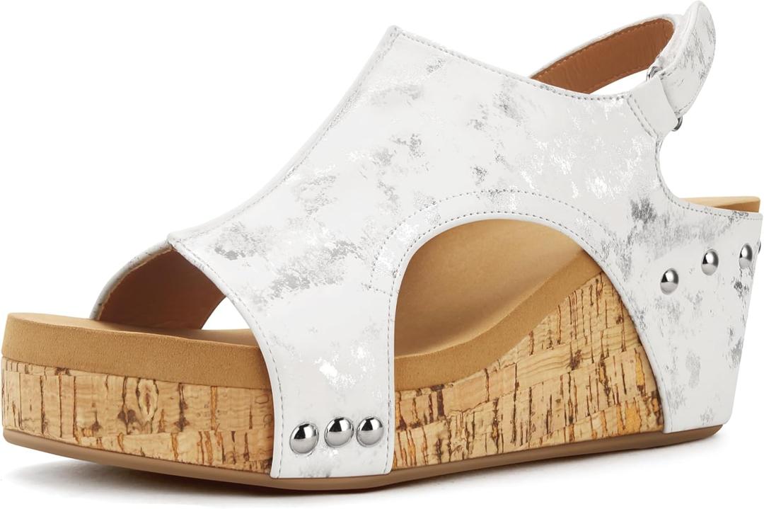 PARTY Women's Wedge Sandals With Buckle Ankle Strap for Dressy Summer (9, White Metallic)