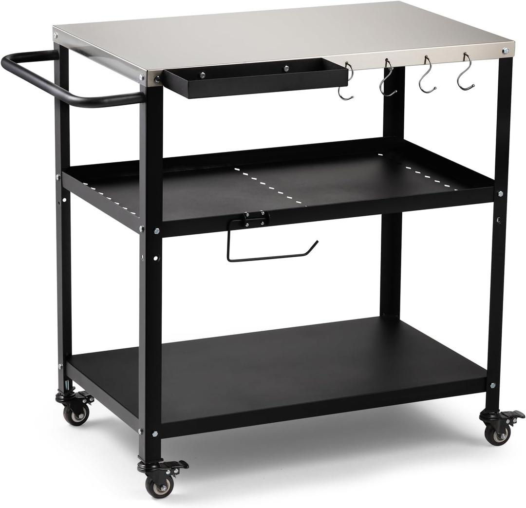 Outdoor Grill Cart Table, Pizza Oven Stand with Casters, Silver | Multifunctional Grill Table for Pizza Oven & Griddle, 4 Lockable Wheels, Side Handles & Hooks for Indoor/Outdoor Use