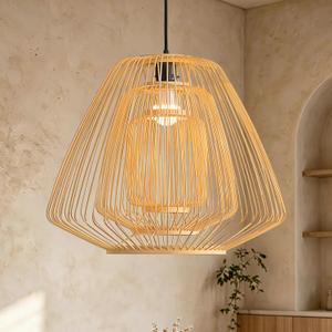 Bamboo Adjustable Height Pendant Light 20" Boho Rustic Farmhouse Chandelier